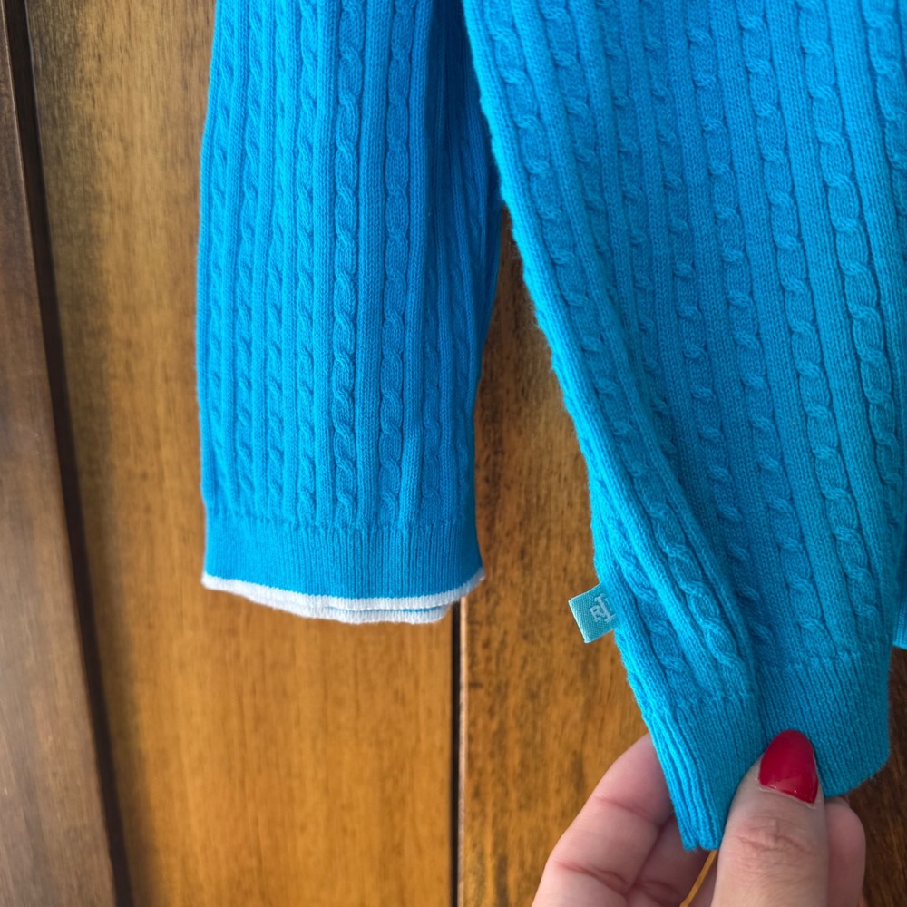 Lauren Ralph Lauren Blue Cable Knit V-Neck Sweater XL Preppy Coastal Grandmother - Picture 4 of 8